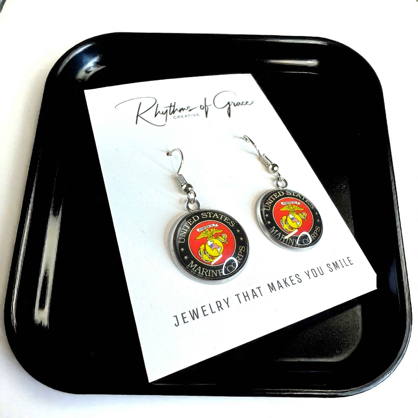 Military Mom Marvels: Marines Cabochon Dangle Earrings!