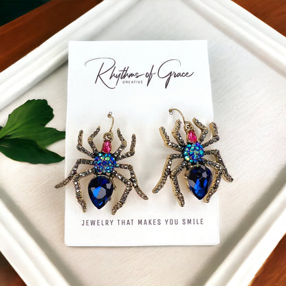 Spider Earrings - Halloween Earrings, Spider Accessories, Halloween Costume, Black Widow, Jeweled Spider - Rhythms of Grace Creative