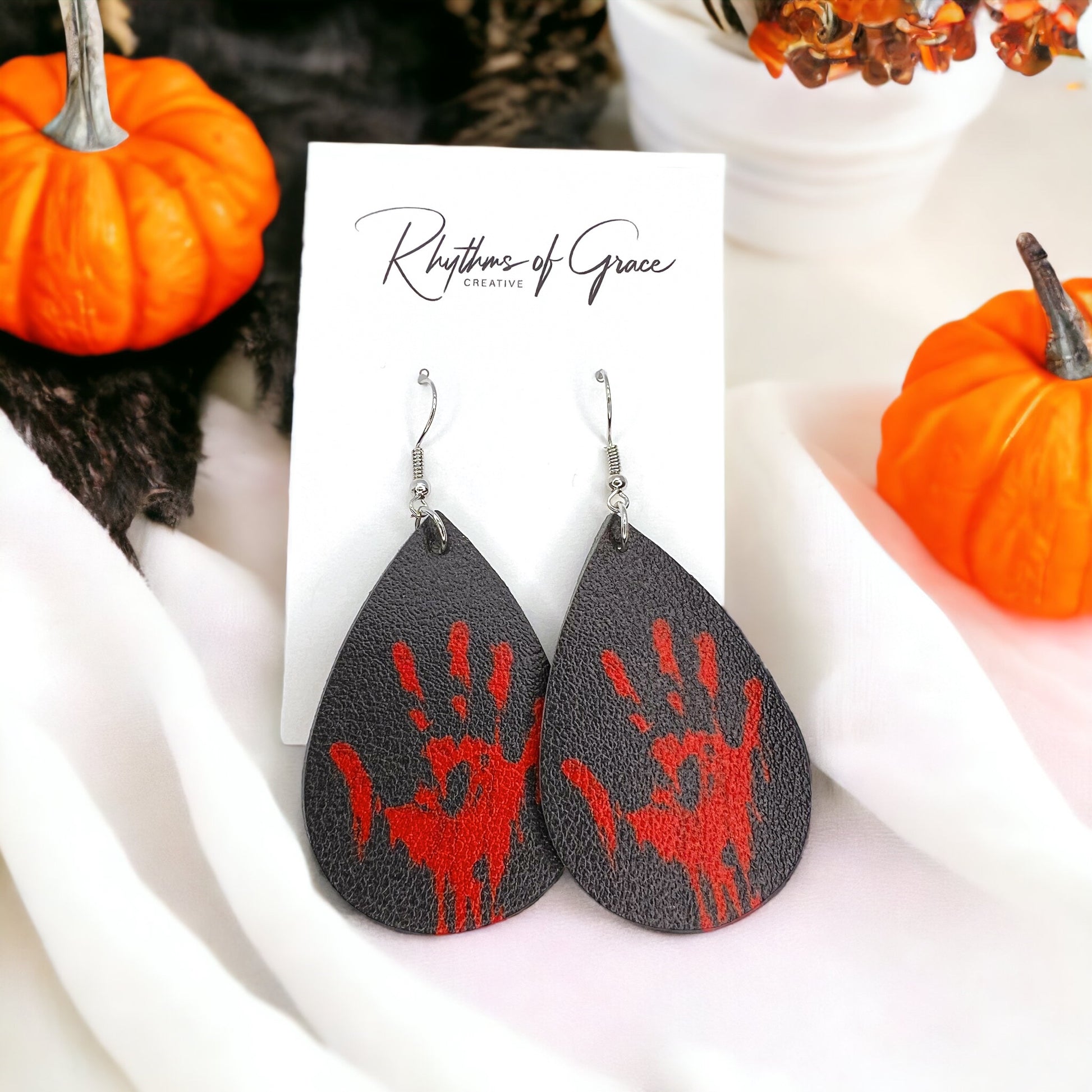 True Crime Earrings - Halloween Earrings, Bloody Handprint, Crime Scene, Bloody Earrings - Rhythms of Grace Creative