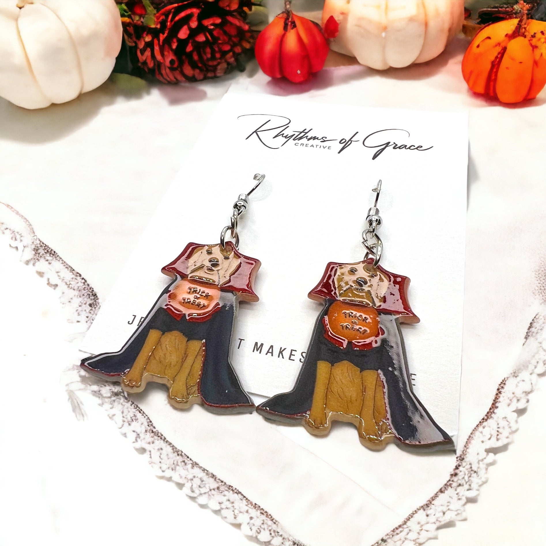 Halloween Dog Earrings - Halloween Earrings, Dog Costume, Hallowee, Halloween Earrings, Cape Costume, Trick or Treat - Rhythms of Grace Creative