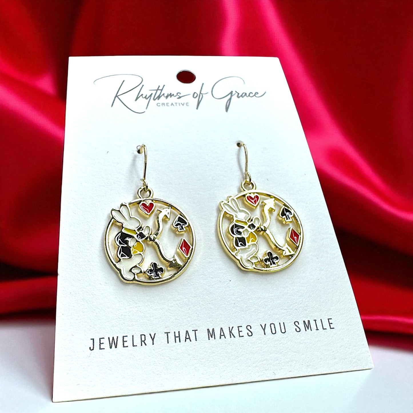 Dive into Wonderland: Enchanting Mismatched Alice Earrings with White Rabbit & Clock Charm!