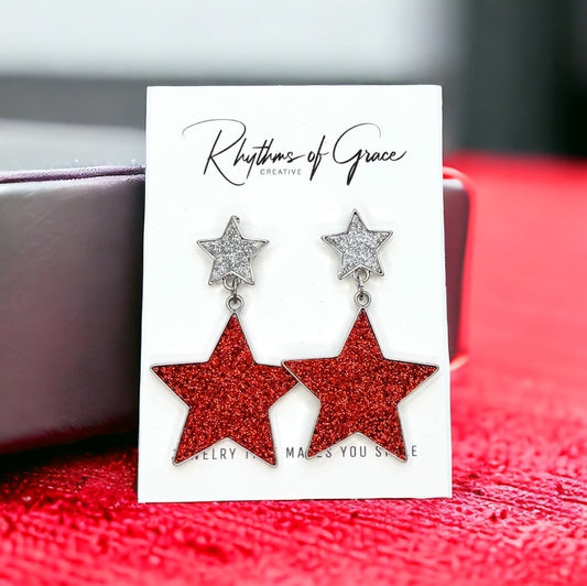 Patriotic Sparkly Star Earrings - Glitter and Enamel Statement Jewelry