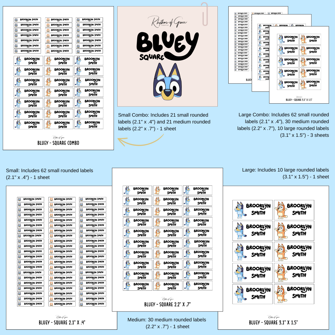 Collection of Bluey-themed labels with different sizes and designs.