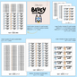 Collection of Bluey-themed labels with different sizes and designs.