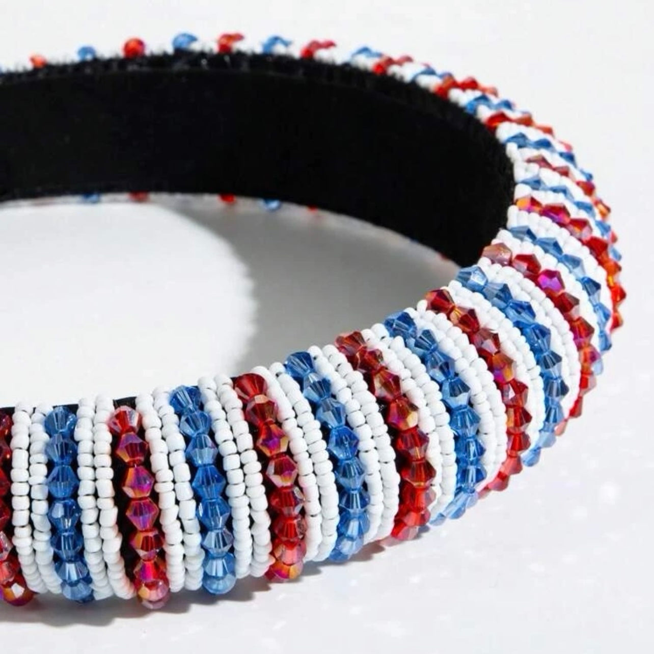 Beaded Patriotic Headband - Handmade Headpiece, Red White and Blue, Stars and Stripes, Military Mom - Rhythms of Grace Creative