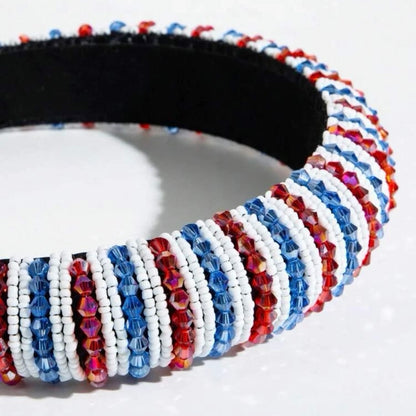 Beaded Patriotic Headband - Handmade Headpiece, Red White and Blue, Stars and Stripes, Military Mom - Rhythms of Grace Creative