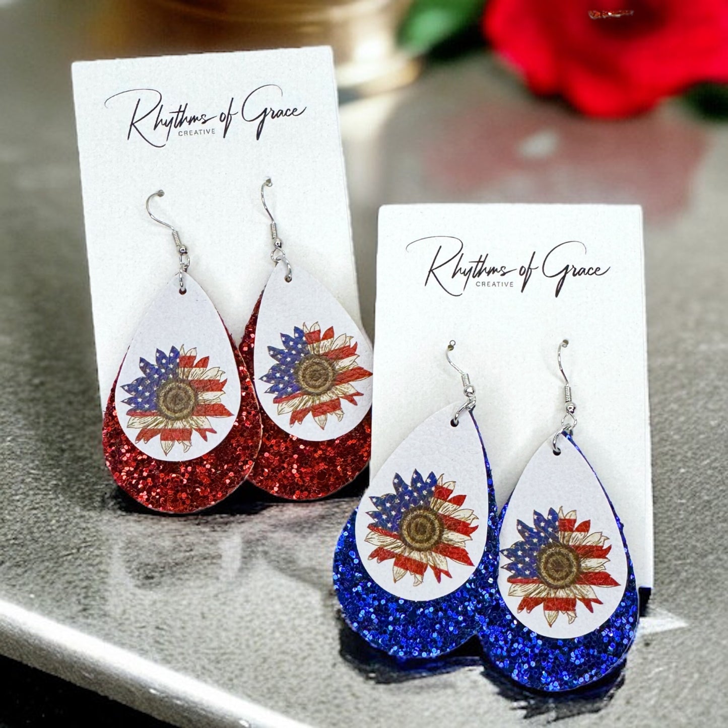 Patriotic Glitter Teardrop Earrings - Stylish Red, White & Blue Accessory
