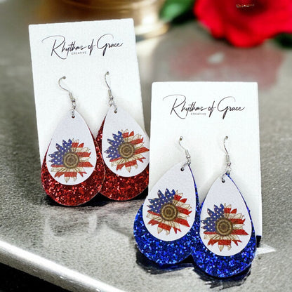 Patriotic Glitter Teardrop Earrings - Stylish Red, White & Blue Accessory