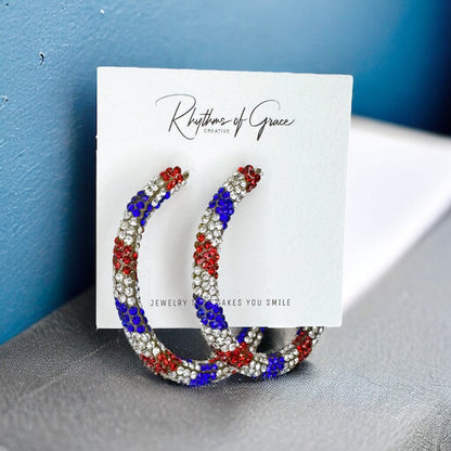 Sparkling Rhinestone Patriotic Hoop Earrings - Red, White, & Blue