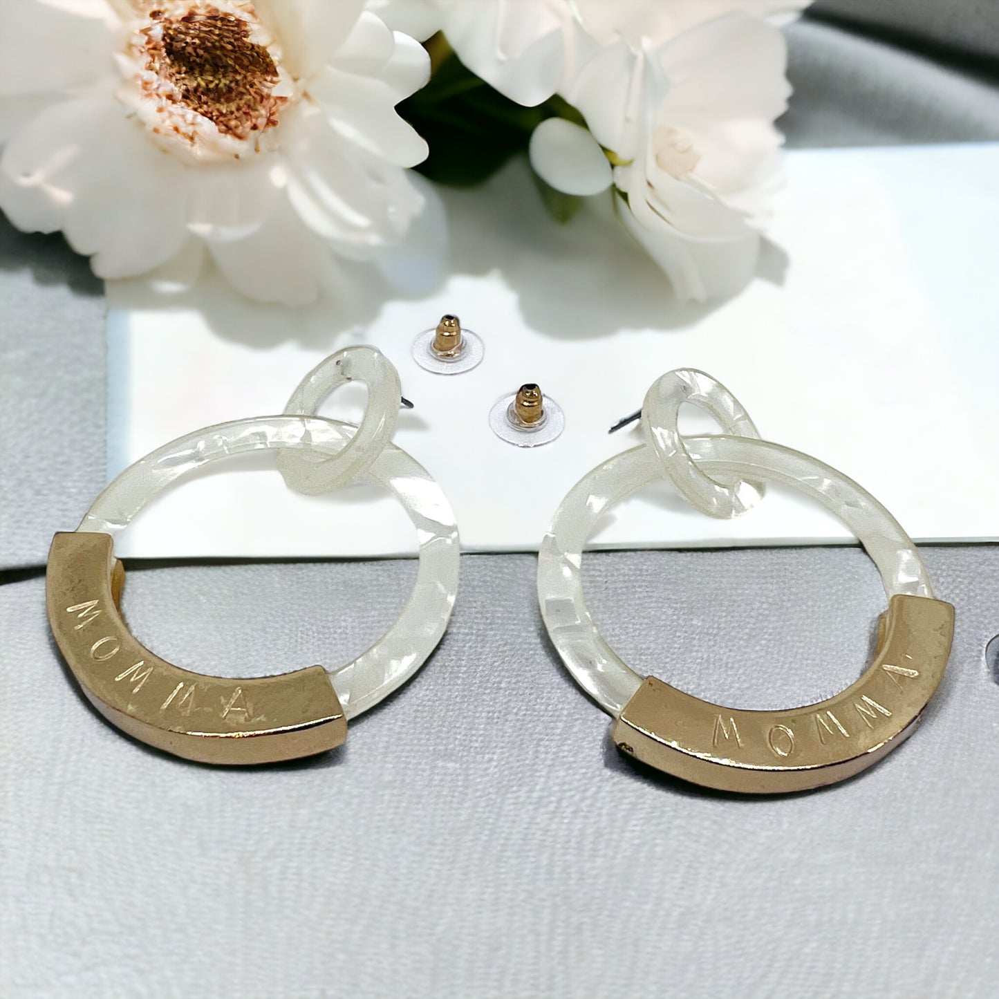 Unique Handmade Acrylic and Gold Earrings - "MAMA" Stamped - Great Gift for Mom!