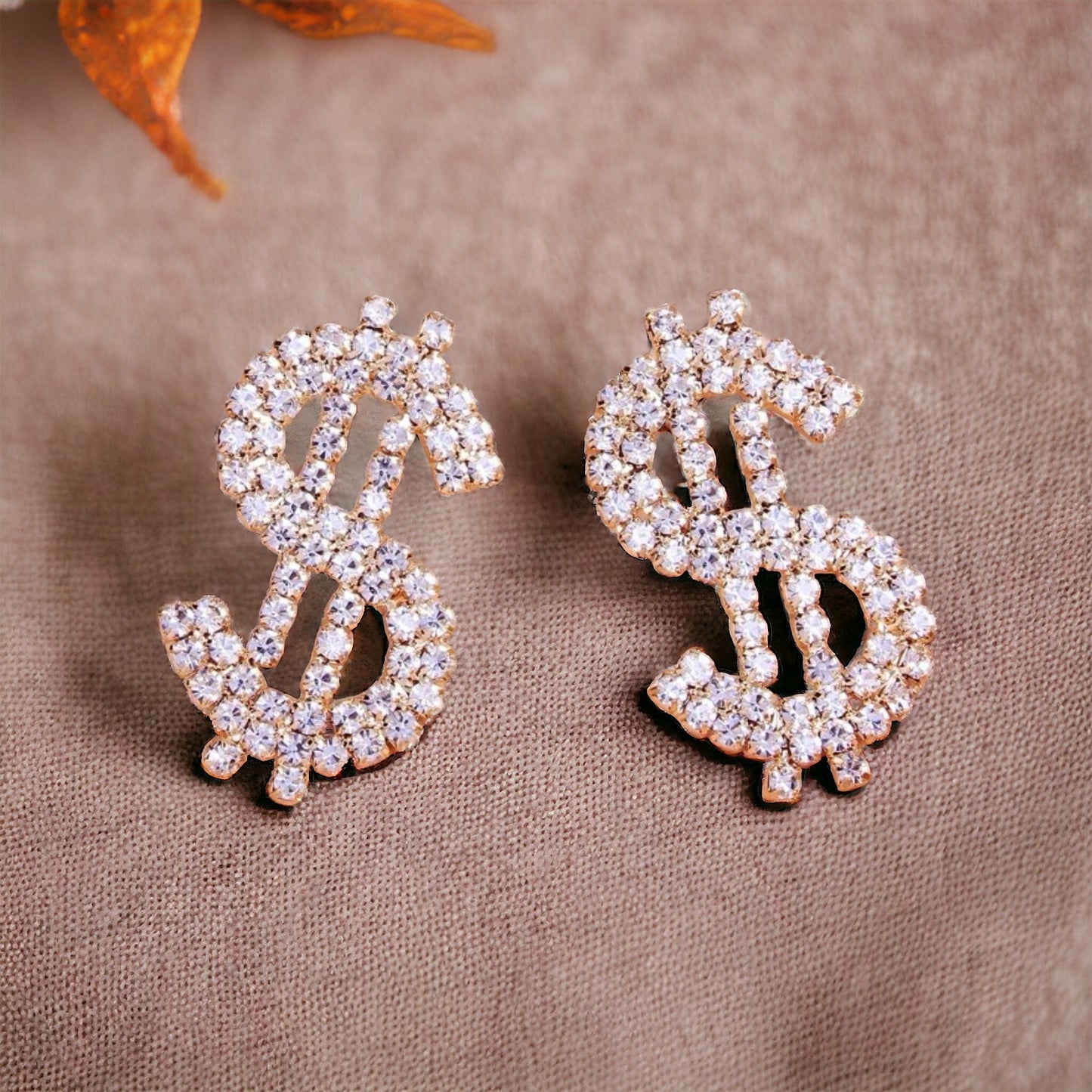 Sparkling Dollar Sign Shaped Earrings - 1.4 x 1 inches, Money