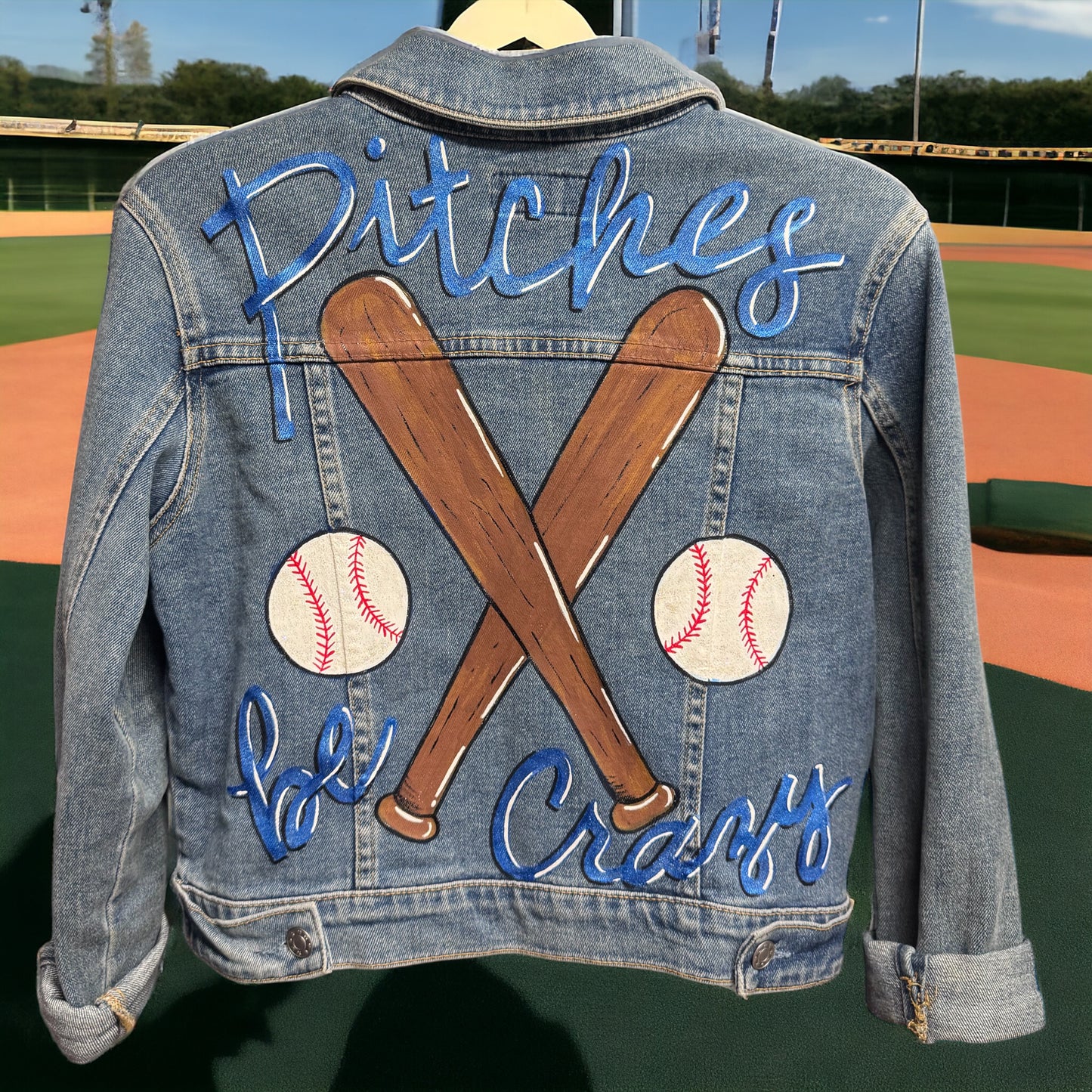 Pitches Be Crazy! Unique Hand-Painted Baseball Jean Jacket ⚾️