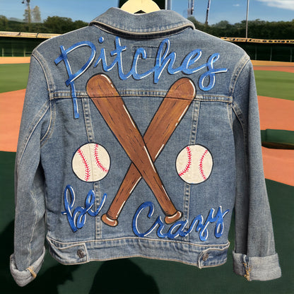 Pitches Be Crazy! Unique Hand-Painted Baseball Jean Jacket ⚾️