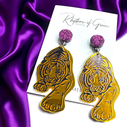 Fierce Tiger Earrings – Mirrored Acrylic Statement Dangles