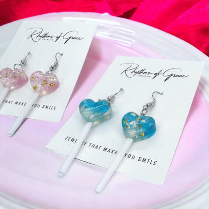 Sweetheart Swirl – Heart Lollipop Earrings in Candy Colors 🍭