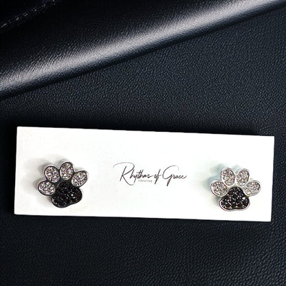 Sparkle & Paws! Silver and Black Rhinestone Paw Print Stud Earrings