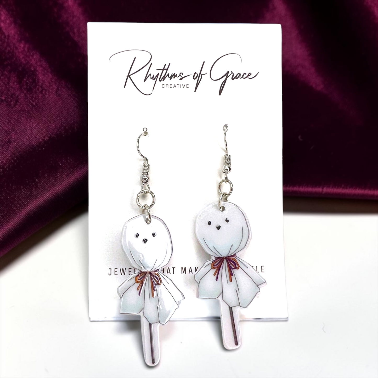 Ghost Earrings - Halloween Earrings, Lollipop Earrings, Ghost Costume, Halloween Accessories, Retro Custom, Costume Jewelry, Handmade Earrings