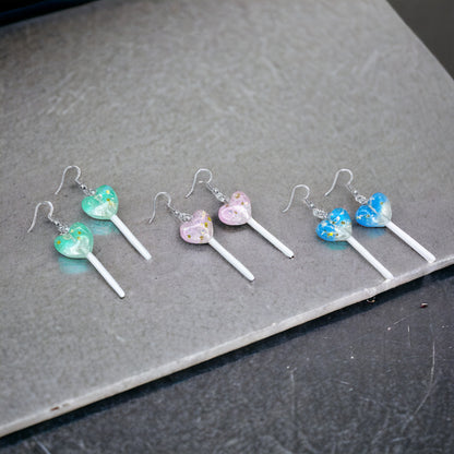 Sweetheart Swirl – Heart Lollipop Earrings in Candy Colors 🍭