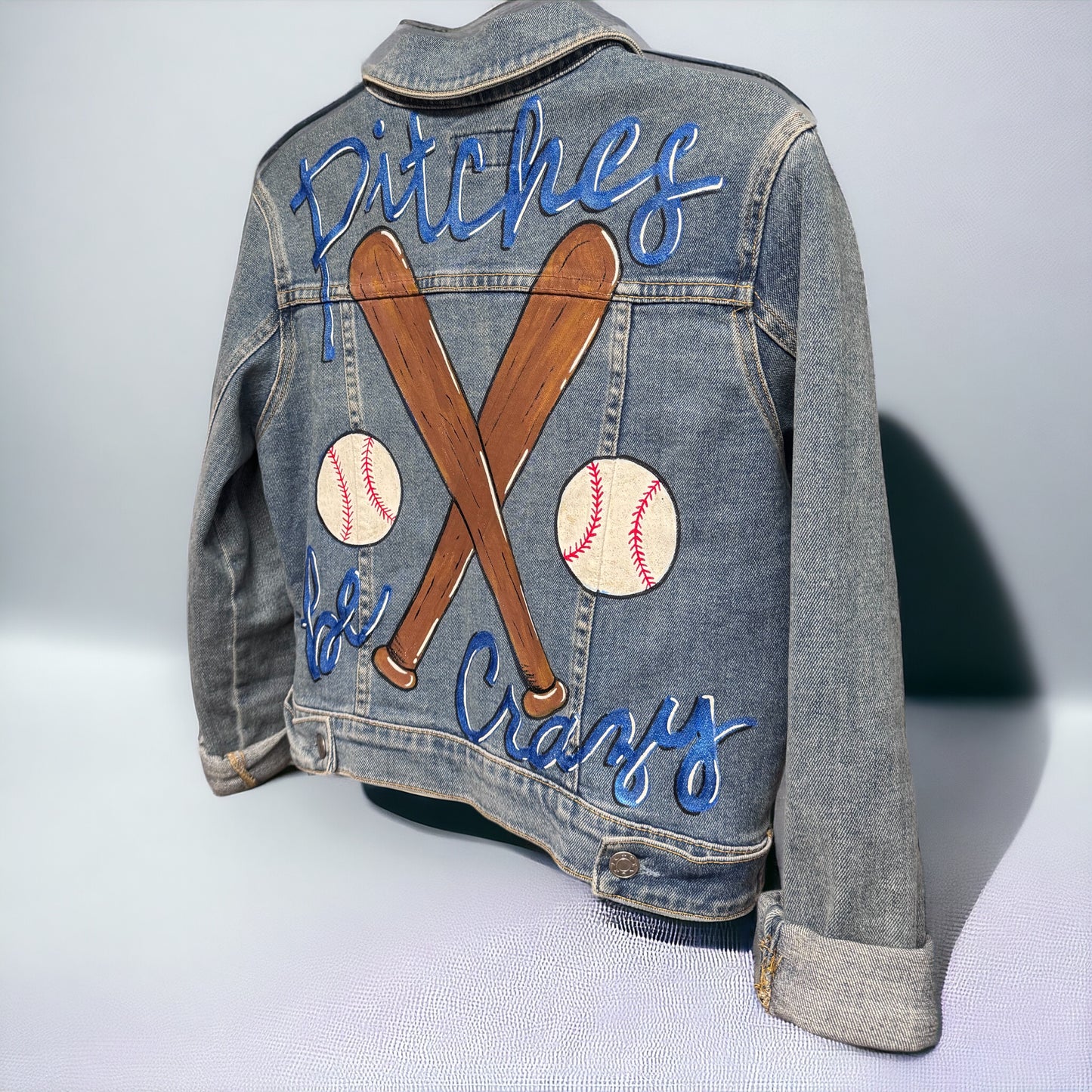 Pitches Be Crazy! Unique Hand-Painted Baseball Jean Jacket ⚾️