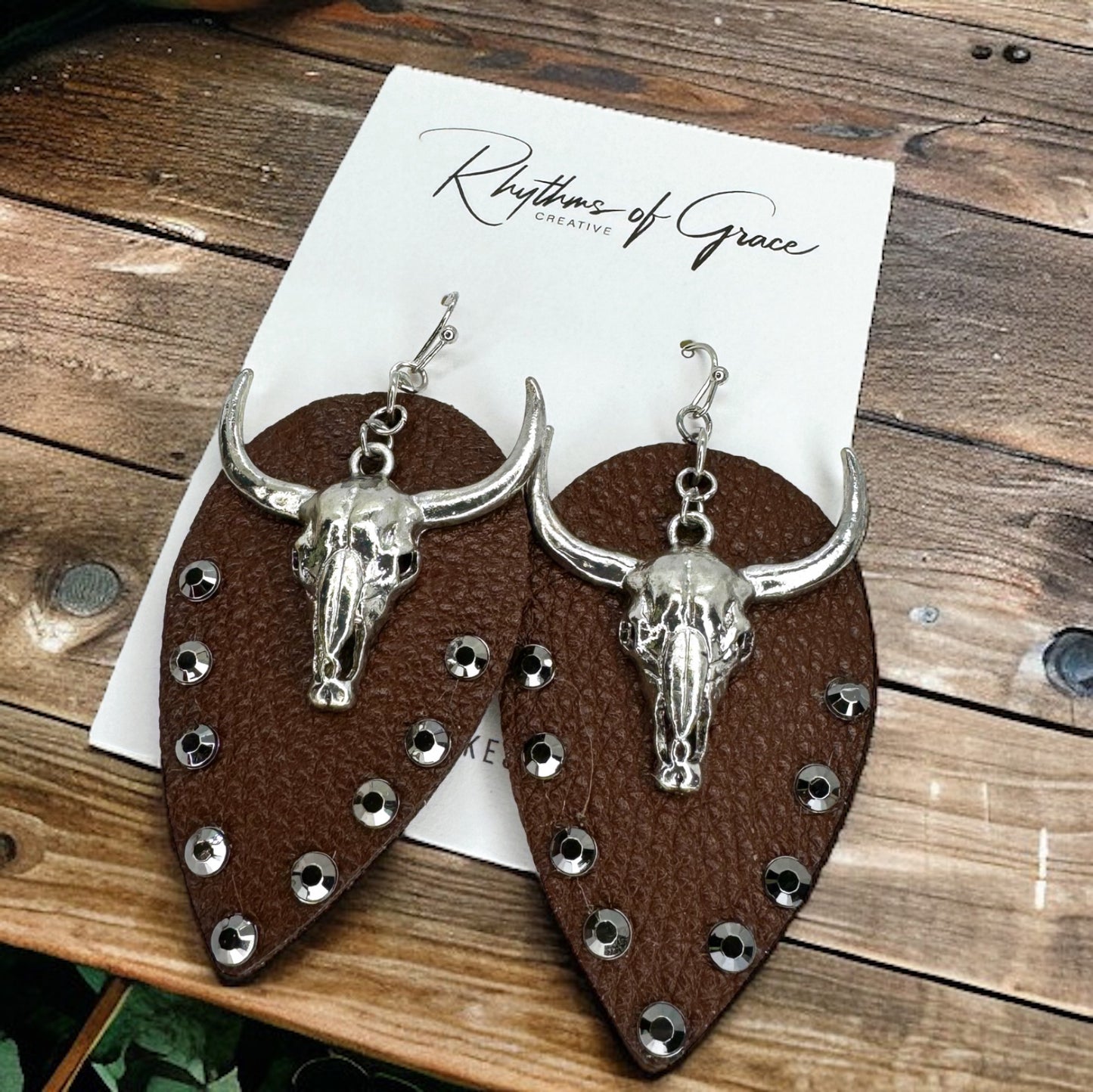 Stunning Western Bull Head Dangle Earrings - Brown Leather, Zinc Alloy, Stainless Steel & Rhinestones