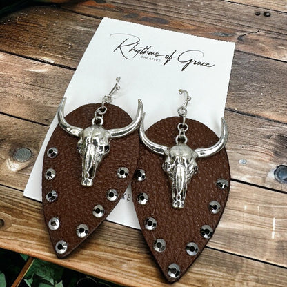 Stunning Western Bull Head Dangle Earrings - Brown Leather, Zinc Alloy, Stainless Steel & Rhinestones