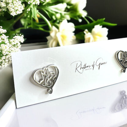 I Heartbeat Harmony: Music Note Heart Stud Earrings ♫