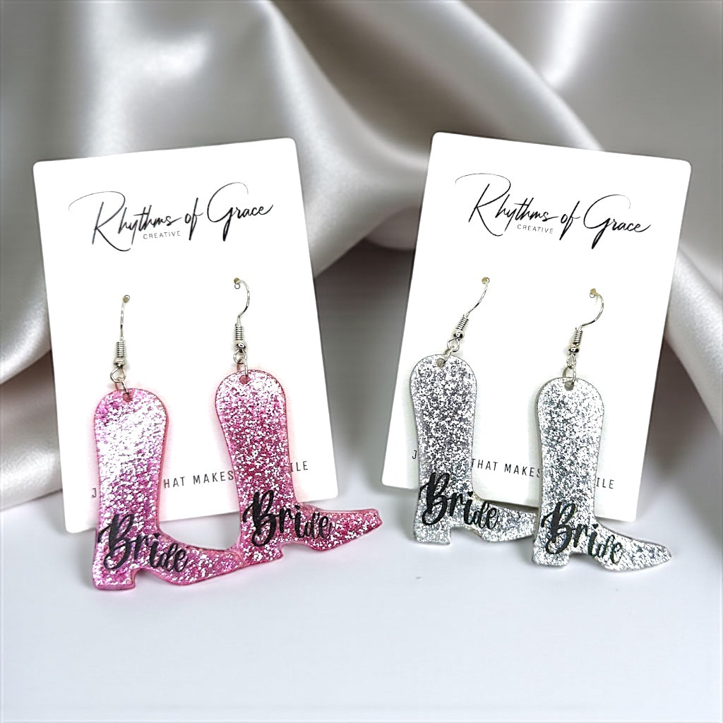 Boot Scootin' Bride Earrings: Saddle Up for Your Bachelorette Bash!