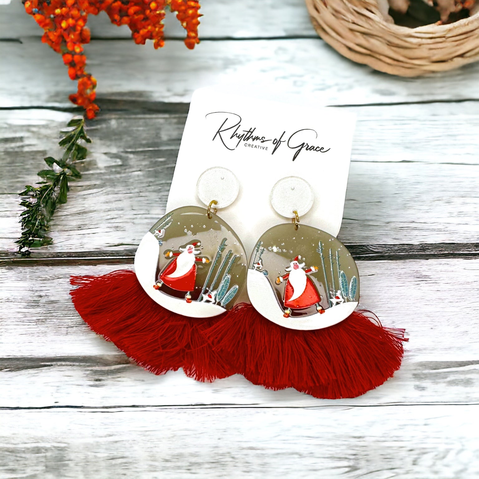 Festive Snowglobe Earrings - Santa Claus Christmas Drop Earrings with Fringe | Holiday Jewelry Gift - Rhythms of Grace Creative