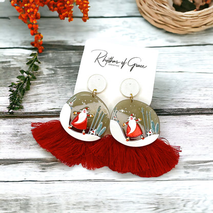 Festive Snowglobe Earrings - Santa Claus Christmas Drop Earrings with Fringe | Holiday Jewelry Gift - Rhythms of Grace Creative