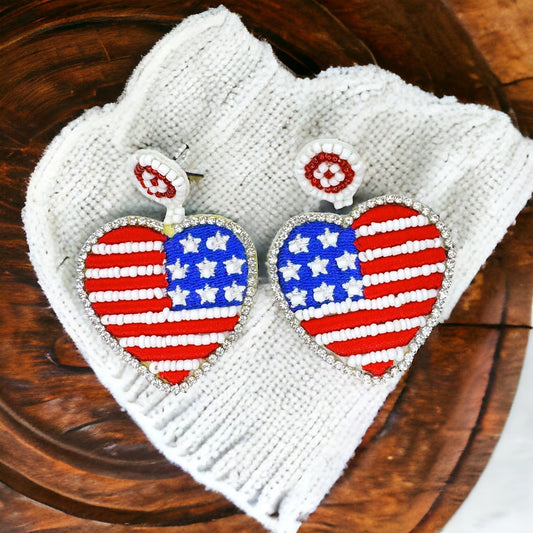 Patriotic Beaded Dangle Earrings - Fourth of July Stars and Stripes