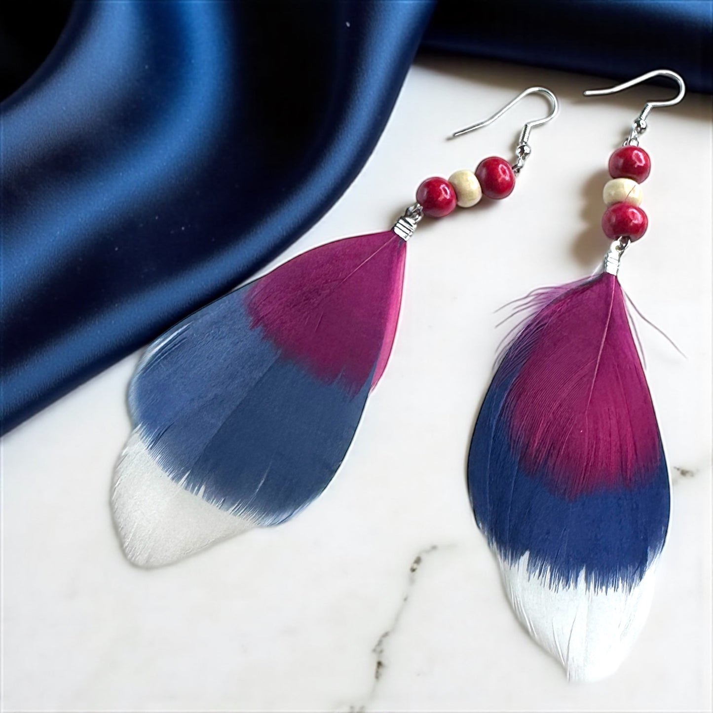 Boho Chic Red, White & Blue Feathered Dangle Earrings