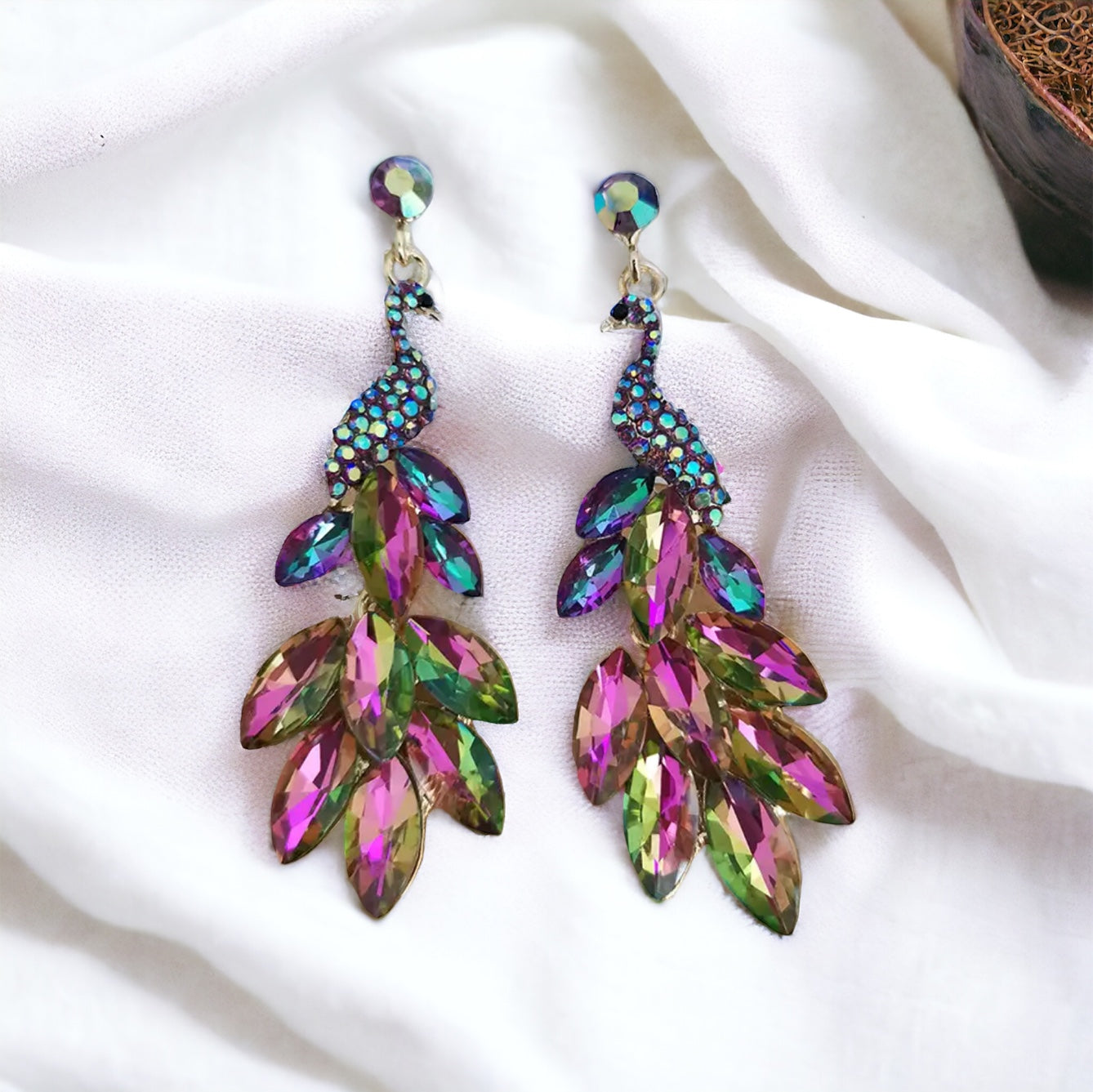 Radiant Peacock Glam Earrings – Feather Your Style with Sparkle!
