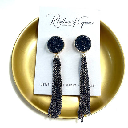 Glamorous Black & Gold Druzy Dangle Earrings - Sparkle & Shine! 🌟