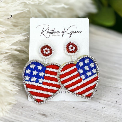 Patriotic Beaded Dangle Earrings - Fourth of July Stars and Stripes