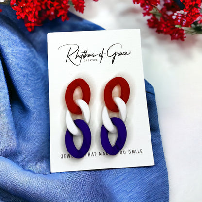 Vibrant Red, White, and Blue Chain Dangle Earrings - Statement Jewelry
