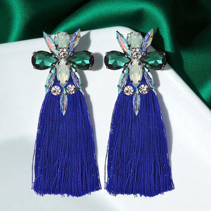 Sparkle & Shine: Stunning Rhinestone Tassel Earrings in Blue, Pink & Gold!