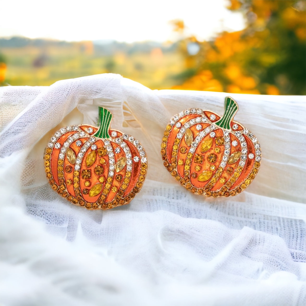 Rhinestone Pumpkin Earrings - Halloween Earrings, Autumn Accessories, Pumpkin Jewelry, Fall Accessories - Rhythms of Grace Creative