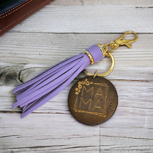 Rustic Wooden Mom Key Chain with Lavender Tassel