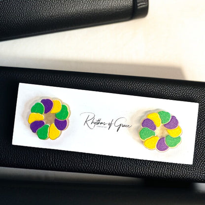 Celebrate in Style: Colorful Mardi Gras Stud Earrings - Fleur de Lis & Kingcake Designs!