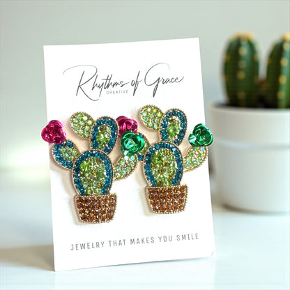 Bloom Boldly with These Rhinestone Cactus Earrings!🌵