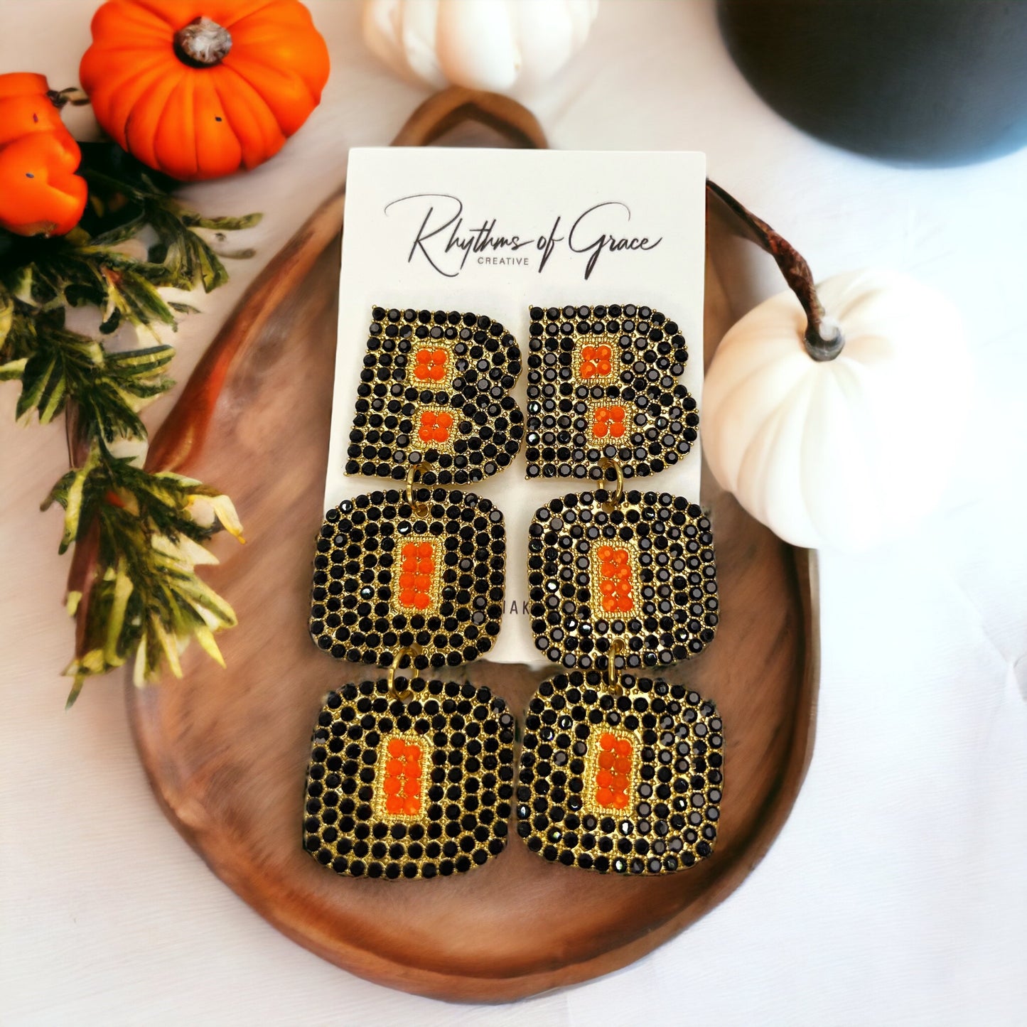 Boo Earrings - Halloween Earrings, Beaded Earrings, Halloween Accessories, Halloween Earrings, Rhinestone Halloween, Trick or Treat - Rhythms of Grace Creative