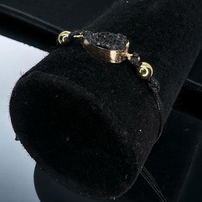 Black Leather Bracelet with Gold and Black Charm
