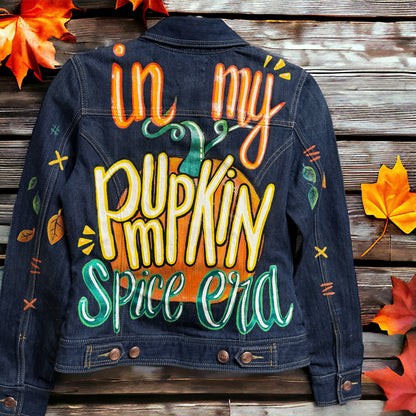 Hand Painted Jean Jacket: “In My Pumpkin Spice Era” I Ladies Size Small