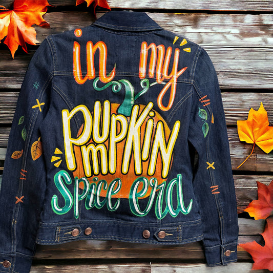 Hand Painted Jean Jacket: “In My Pumpkin Spice Era” I Ladies Size Small