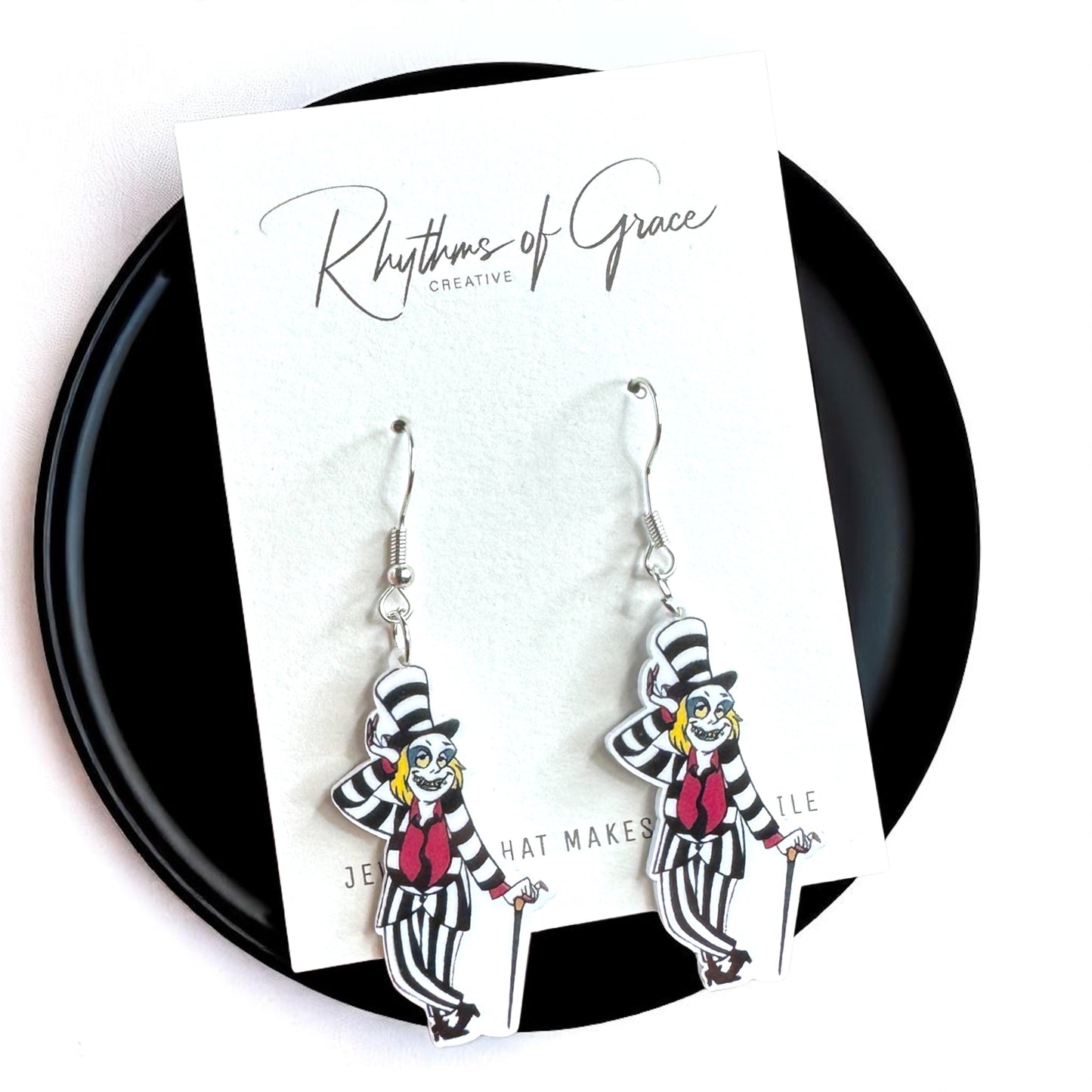 Beetlejuice, Beetlejuice, Beetlejuice: Spooky Chic Beetlejuice Dangle Earrings!
