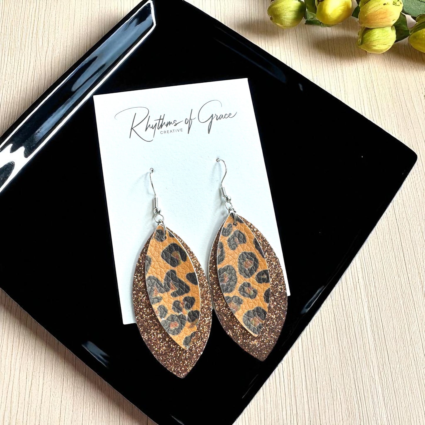 Wild & Glam – Brown Glitter + Animal Print Dangle Earrings