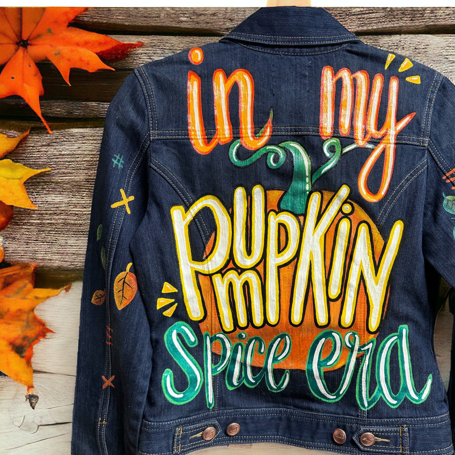 Hand Painted Jean Jacket: “In My Pumpkin Spice Era” I Ladies Size Small