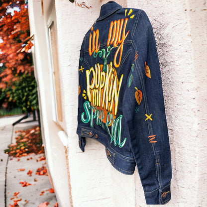Hand Painted Jean Jacket: “In My Pumpkin Spice Era” I Ladies Size Small