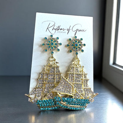 Sail Away in Style: Rhinestone Sailboat Dangle Earrings