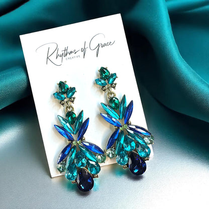 Gorgeous Blue-Green Rhinestone Dangle Earrings
